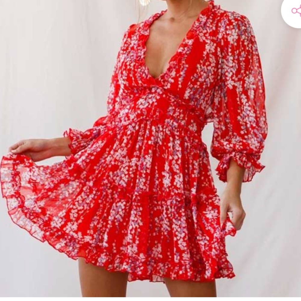 Vici Red and White Ruffled Wrap Mini Dress